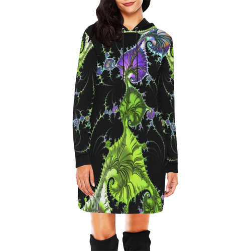 SPIRAL Filigree FRACTAL black green violet All Over Print Hoodie Mini Dress (Model H27)