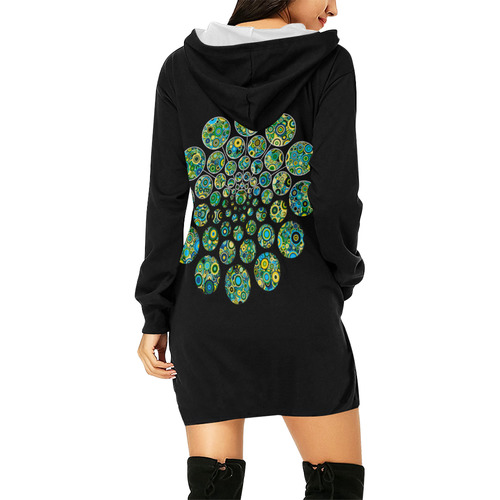 Flower Power CIRCLE Dots in Dots cyan yellow black All Over Print Hoodie Mini Dress (Model H27)