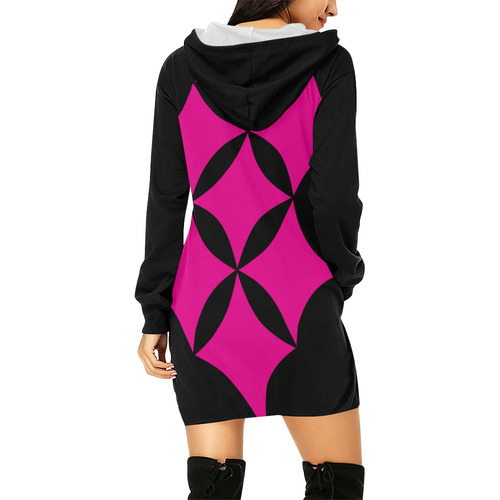 Black Background Curved Rhombuses Cut All Over Print Hoodie Mini Dress (Model H27)
