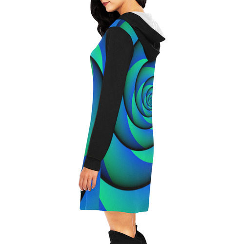 POWER SPIRAL - WAVES blue green All Over Print Hoodie Mini Dress (Model H27)