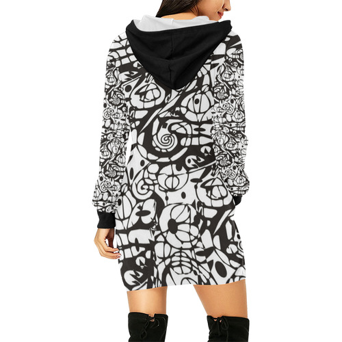 Crazy Spiral Shapes Pattern - Black White All Over Print Hoodie Mini Dress (Model H27)