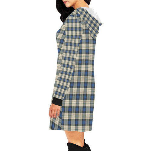 Classic Tartan Squares Fabric - blue beige All Over Print Hoodie Mini Dress (Model H27)