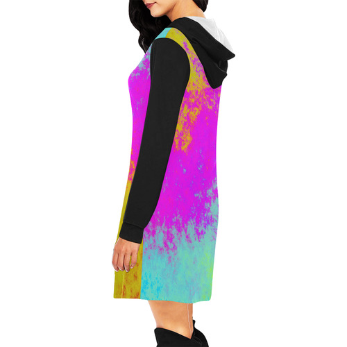 Grunge Radial Gradients Red Yellow Pink Cyan Green All Over Print Hoodie Mini Dress (Model H27)