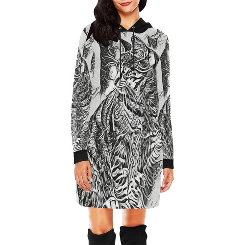 Black White Drawing of a CAT All Over Print Hoodie Mini Dress (Model H27)