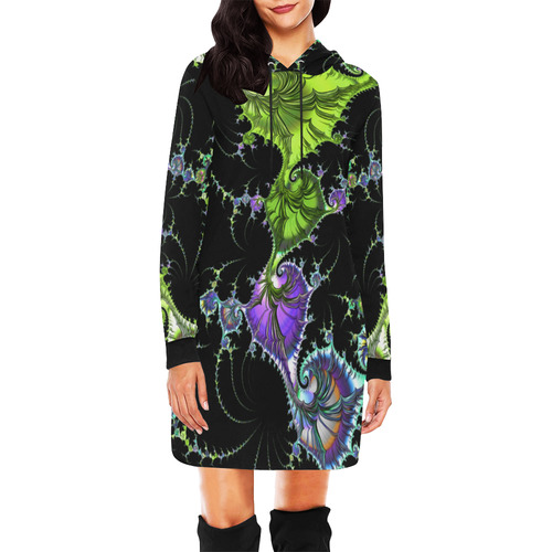 SPIRAL Filigree FRACTAL black green violet All Over Print Hoodie Mini Dress (Model H27)