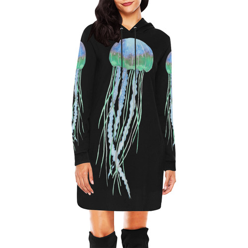 Watercolore JELLY FISH Blue Lilac Green All Over Print Hoodie Mini Dress (Model H27)