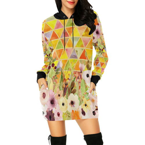 Watercolor Flowers Triangles Orange Yellow Green All Over Print Hoodie Mini Dress (Model H27)