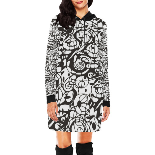 Crazy Spiral Shapes Pattern - Black White All Over Print Hoodie Mini Dress (Model H27)