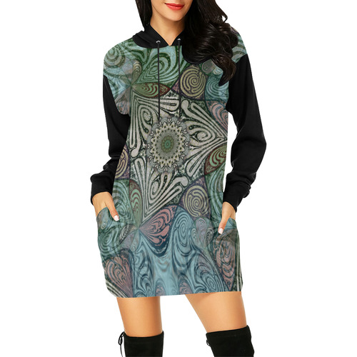 Labyrinth Mandala Blue Green Grey All Over Print Hoodie Mini Dress (Model H27)