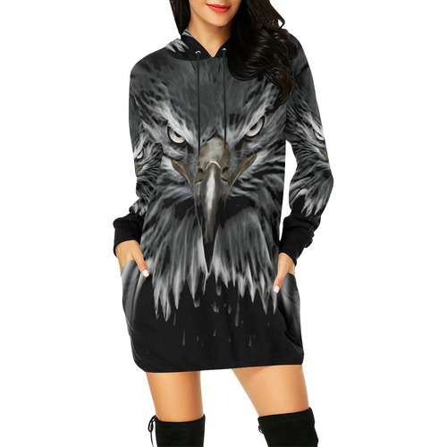Strong EAGLE Face black All Over Print Hoodie Mini Dress (Model H27)