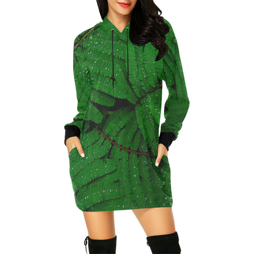 Forest Green Plants with Dew All Over Print Hoodie Mini Dress (Model H27)