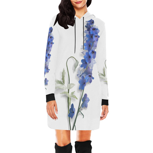 Blue - Violet Consolida original floral watercolor on white All Over Print Hoodie Mini Dress (Model H27)