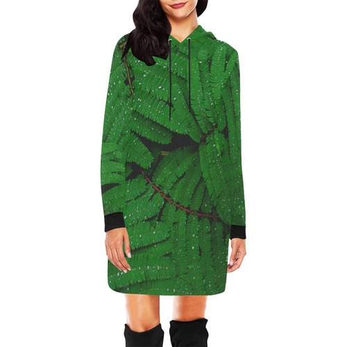 Forest Green Plants with Dew All Over Print Hoodie Mini Dress (Model H27)