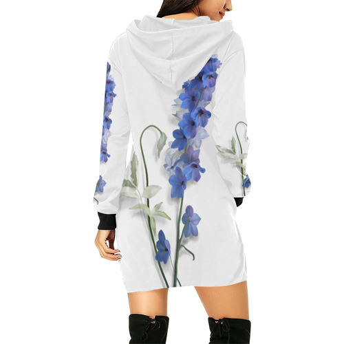 Blue - Violet Consolida original floral watercolor on white All Over Print Hoodie Mini Dress (Model H27)