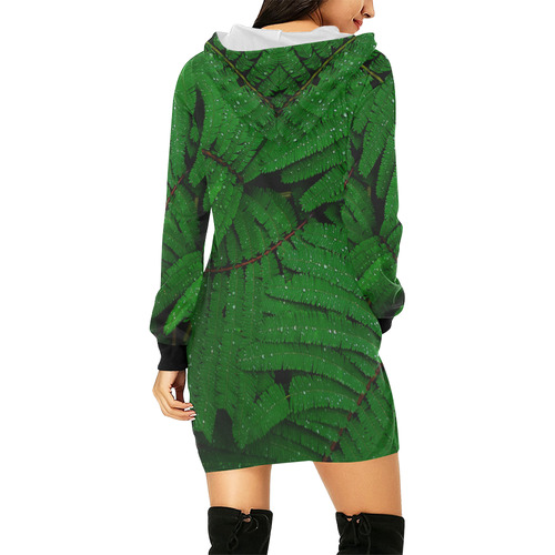 Forest Green Plants with Dew All Over Print Hoodie Mini Dress (Model H27)