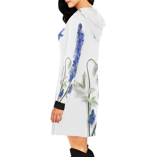 Blue - Violet Consolida original floral watercolor on white All Over Print Hoodie Mini Dress (Model H27)