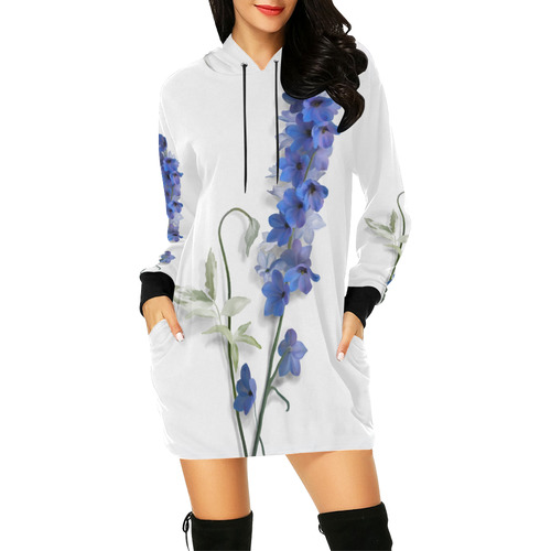 Blue - Violet Consolida original floral watercolor on white All Over Print Hoodie Mini Dress (Model H27)