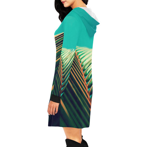 Plant leaves in orange and green with blue skies All Over Print Hoodie Mini Dress (Model H27)