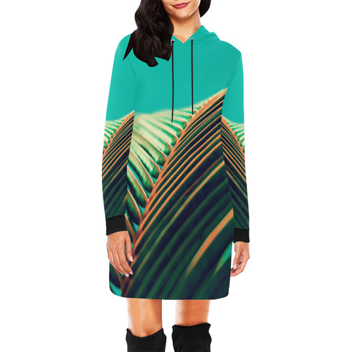 Plant leaves in orange and green with blue skies All Over Print Hoodie Mini Dress (Model H27)