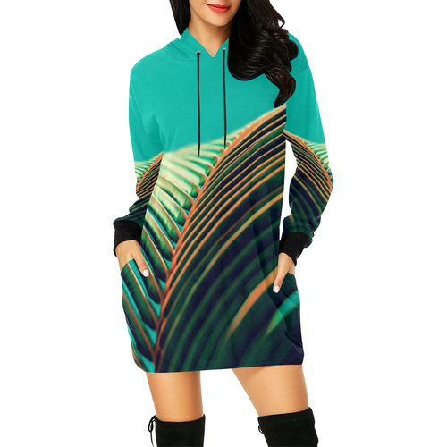 Plant leaves in orange and green with blue skies All Over Print Hoodie Mini Dress (Model H27)