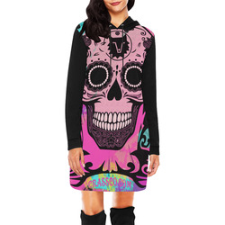 SKULL PINKY ON BLACK All Over Print Hoodie Mini Dress (Model H27)