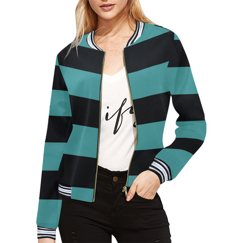 Turquoise Stripes All Over Print Bomber Jacket for Women (Model H21)
