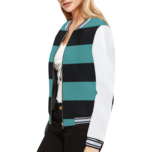 Turquoise Stripes 2 All Over Print Bomber Jacket for Women (Model H21)