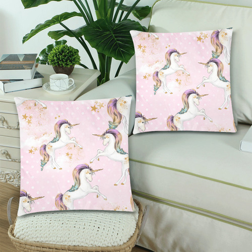 Pink Unicorn Cushion Custom Zippered Pillow Cases 18"x 18" (Twin Sides) (Set of 2)