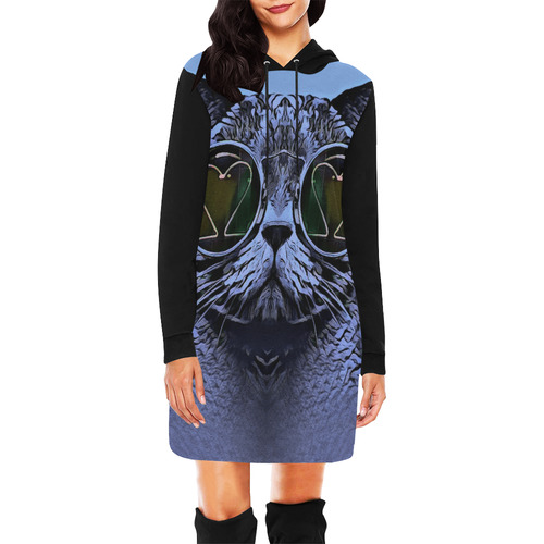 BLUE FUNNY CAT All Over Print Hoodie Mini Dress (Model H27)