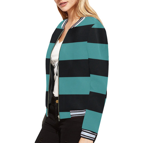 Turquoise Stripes All Over Print Bomber Jacket for Women (Model H21)