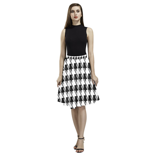 Black White Houndstooth Melete Pleated Midi Skirt (Model D15)