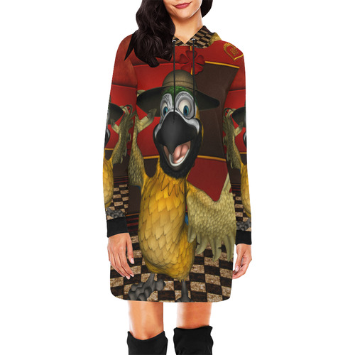 Funny parrot with summer hat All Over Print Hoodie Mini Dress (Model H27)