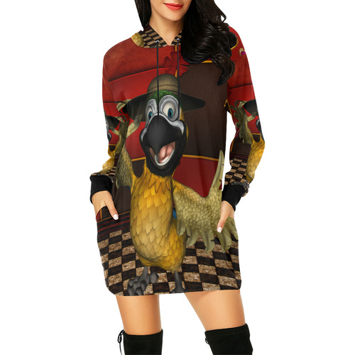 Funny parrot with summer hat All Over Print Hoodie Mini Dress (Model H27)