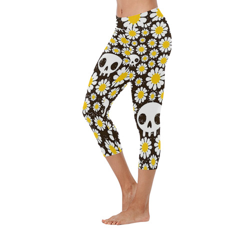 Yellow Daisy Skulls Women's Low Rise Capri Leggings (Invisible Stitch) (Model L08)