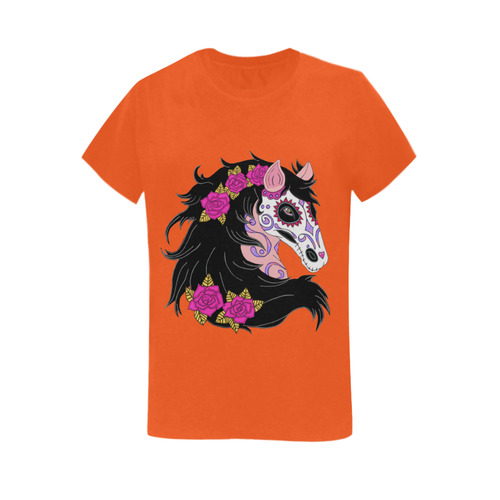Sugar Skull Horse Pink Roses Orange Women's T-Shirt in USA Size (Two Sides Printing)