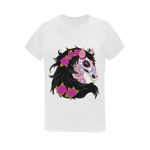 Sugar Skull Horse Pink Roses White Women's T-Shirt in USA Size (Two Sides Printing)