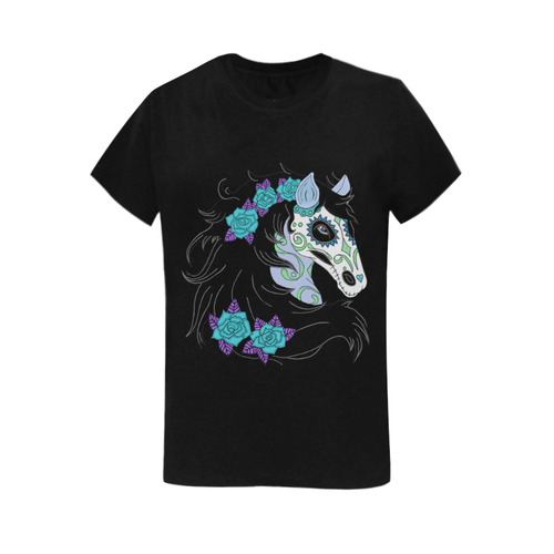Sugar Skull Horse Turquoise Roses Black Women's T-Shirt in USA Size (Two Sides Printing)