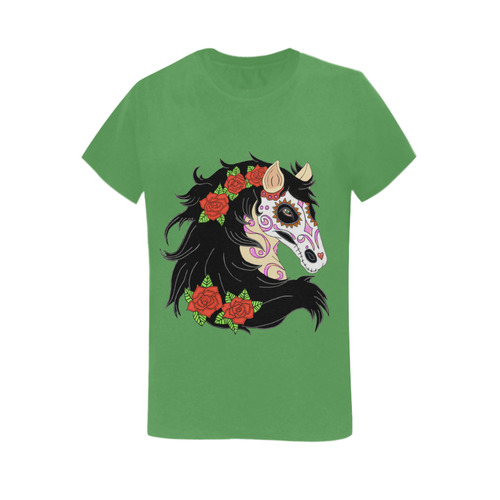 Sugar Skull Horse Red Roses Lt Green Women's T-Shirt in USA Size (Two Sides Printing)