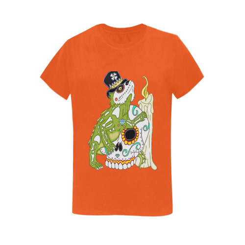 Iguana Sugar Skull Orange Women's T-Shirt in USA Size (Two Sides Printing)