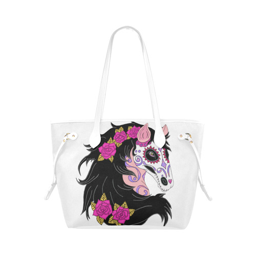 Sugar Skull Horse Pink Roses White Clover Canvas Tote Bag (Model 1661)