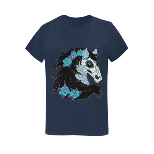 Sugar Skull Horse Turquoise Roses Dark Blue Women's T-Shirt in USA Size (Two Sides Printing)