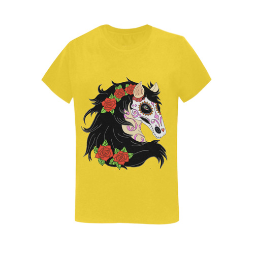 Sugar Skull Horse Red Roses Yellow Women's T-Shirt in USA Size (Two Sides Printing)