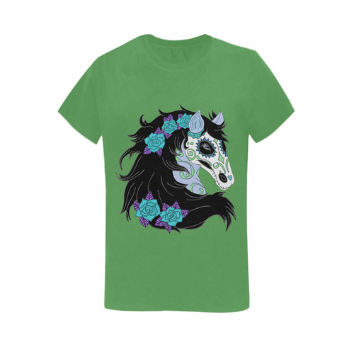 Sugar Skull Horse Turquoise Roses Lt Green Women's T-Shirt in USA Size (Two Sides Printing)