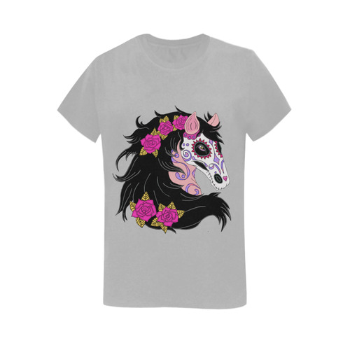 Sugar Skull Horse Pink Roses Grey Women's T-Shirt in USA Size (Two Sides Printing)