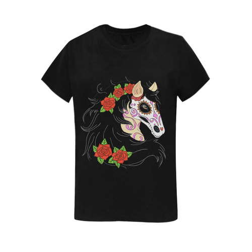 Sugar Skull Horse Red Roses Black Women's T-Shirt in USA Size (Two Sides Printing)