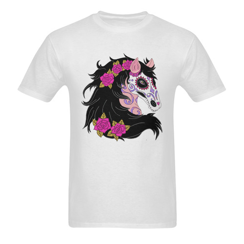 Sugar Skull Horse Pink Roses White Men's T-Shirt in USA Size (Two Sides Printing)