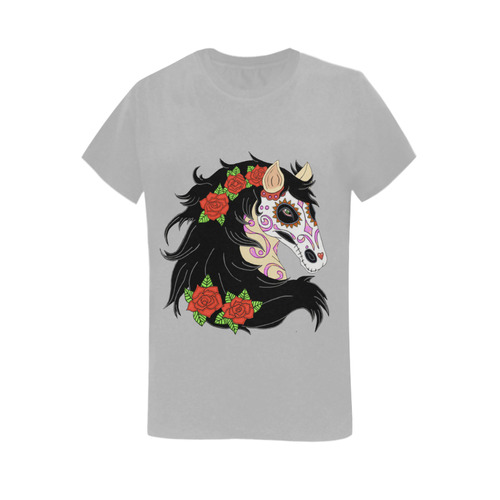 Sugar Skull Horse Red Roses Grey Women's T-Shirt in USA Size (Two Sides Printing)