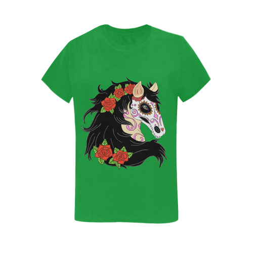 Sugar Skull Horse Red Roses Green Women's T-Shirt in USA Size (Two Sides Printing)