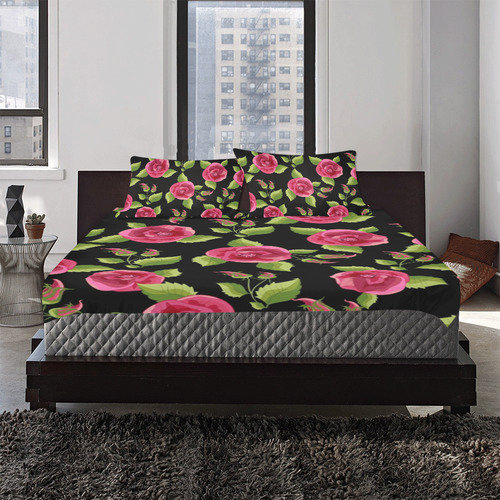 Blooming Pink Roses 3-Piece Bedding Set