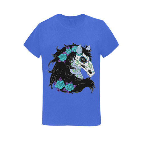 Sugar Skull Horse Turquoise Roses Blue Women's T-Shirt in USA Size (Two Sides Printing)